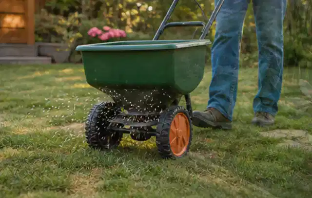 Person verteilt Rasensamen mit einem Streuwagen auf einer lückigen Fläche; Thema RTK Mähroboter, Schwerpunkt Fehlerhilfe; Ausgangslage.