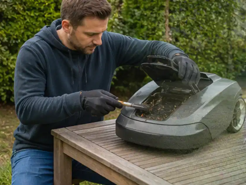 Person wartet einen geöffneten Mähroboter auf einem stabilen Gartentisch; Thema RTK Mähroboter, Schwerpunkt Gärten mit großer Fläche; Titelbild.