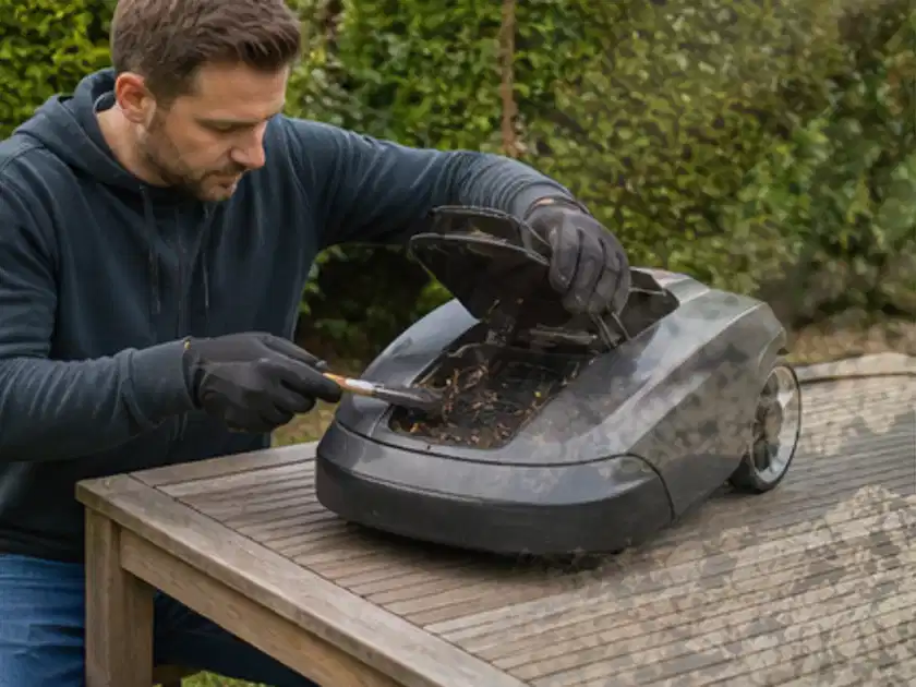 Person wartet einen geöffneten Mähroboter auf einem stabilen Gartentisch; Thema RTK Mähroboter, Schwerpunkt Gärten mit kleiner Fläche; Titelbild.