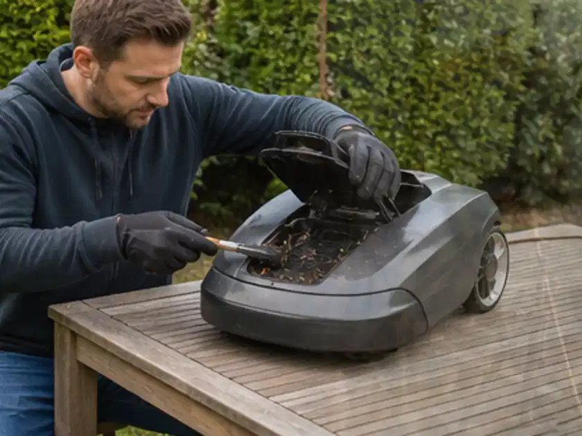 Person wartet einen geöffneten Mähroboter auf einem stabilen Gartentisch; Thema RTK Mähroboter, Schwerpunkt Kosten; Titelbild.