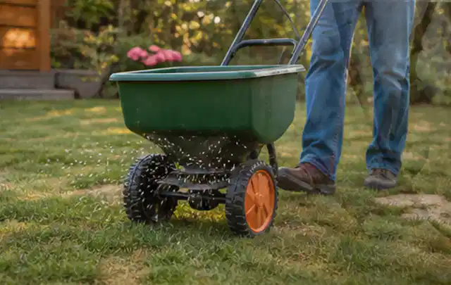 Person verteilt Rasensamen mit einem Streuwagen auf einer lückigen Fläche; Thema RTK Mähroboter, Schwerpunkt Kosten; Ausgangslage.