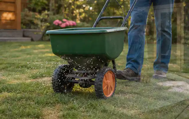 Person verteilt Rasensamen mit einem Streuwagen auf einer lückigen Fläche; Thema RTK Mähroboter, Schwerpunkt Leistung; Ausgangslage.