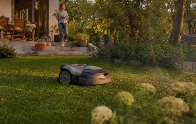 Mähroboter fährt am Abend über einen Rasen im Familiengarten; Thema RTK Mähroboter, Schwerpunkt Leistung; Kontrolle.