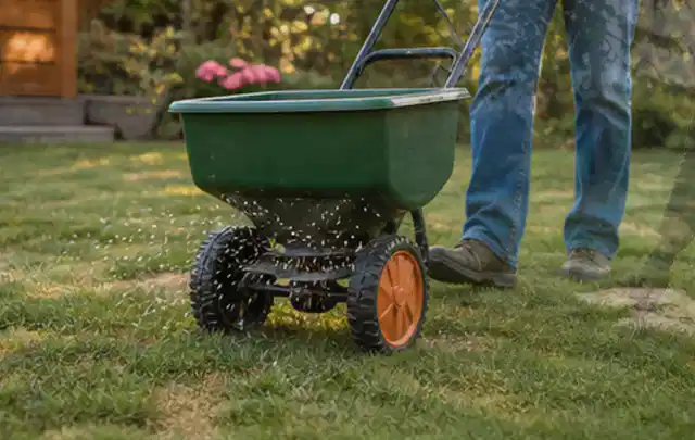 Person verteilt Rasensamen mit einem Streuwagen auf einer lückigen Fläche; Thema RTK Mähroboter, Schwerpunkt Reparatur; Praxisalltag.