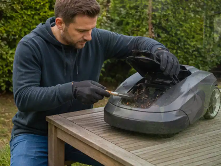 Person wartet einen geöffneten Mähroboter auf einem stabilen Gartentisch; Thema RTK Mähroboter, Schwerpunkt Systemvergleich; Titelbild.