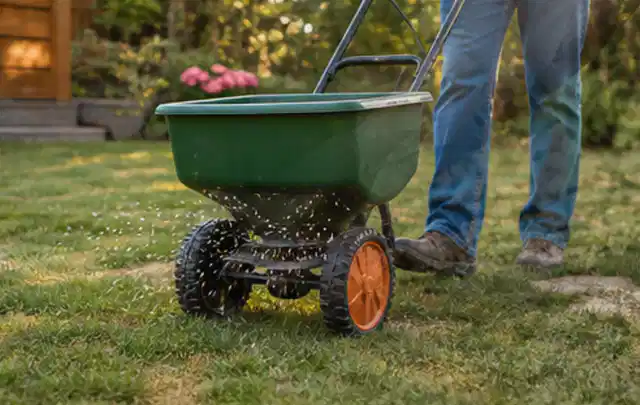 Person verteilt Rasensamen mit einem Streuwagen auf einer lückigen Fläche; Thema RTK Mähroboter, Schwerpunkt Systemvergleich; Umsetzung.