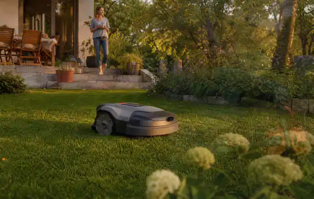 Mähroboter fährt am Abend über einen Rasen im Familiengarten; Thema RTK Mähroboter, Schwerpunkt Systemvergleich; Ergebnis.