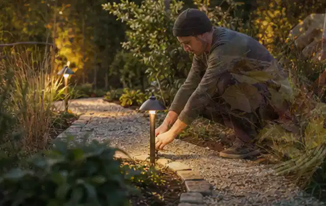 Person richtet eine niedrige warm leuchtende Gartenlampe am Kiesweg aus; Thema RTK Mähroboter, Schwerpunkt Systemvergleich; Praxisalltag.