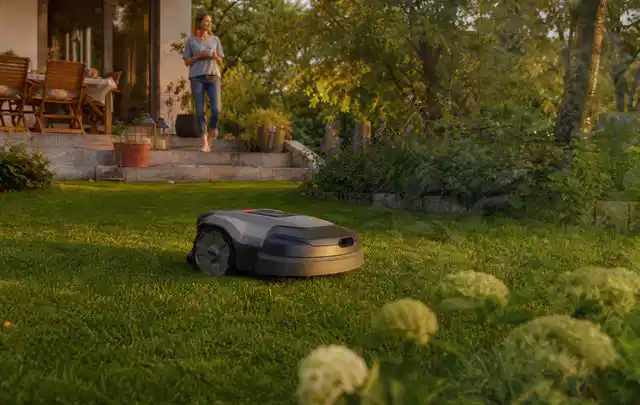 Mähroboter fährt am Abend über einen Rasen im Familiengarten; Thema RTK Mähroboter, Schwerpunkt Testkriterien; Ergebnis.