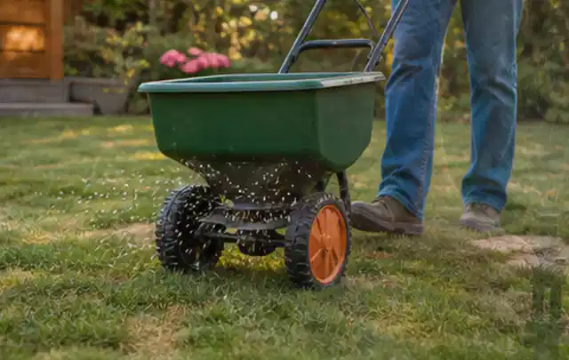 Person verteilt Rasensamen mit einem Streuwagen auf einer lückigen Fläche; Thema RTK Mähroboter, Schwerpunkt Testkriterien; Praxisalltag.