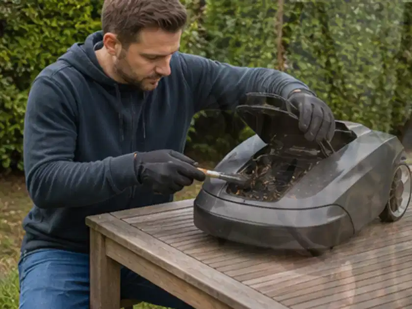 Person wartet einen geöffneten Mähroboter auf einem stabilen Gartentisch; Thema RTK Mähroboter, Schwerpunkt Winterlager; Titelbild.
