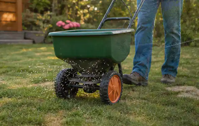 Person verteilt Rasensamen mit einem Streuwagen auf einer lückigen Fläche; Thema RTK Mähroboter, Schwerpunkt Winterlager; Umsetzung.