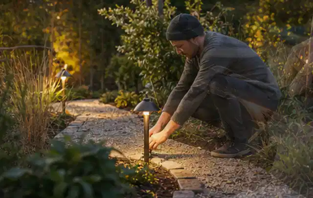 Person richtet eine niedrige warm leuchtende Gartenlampe am Kiesweg aus; Thema RTK Mähroboter, Schwerpunkt Winterlager; Praxisalltag.