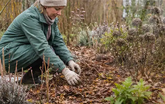 Person verteilt eine schützende Mulchschicht zwischen winterlichen Stauden; Thema Saisonale Tipps, Schwerpunkt Ratgeber; Ergebnis.