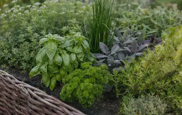 Dichtes Hochbeet mit Basilikum Schnittlauch Petersilie Salbei und weiteren Küchenkräutern; Thema Salat, Schwerpunkt Aussaat; Praxisalltag.