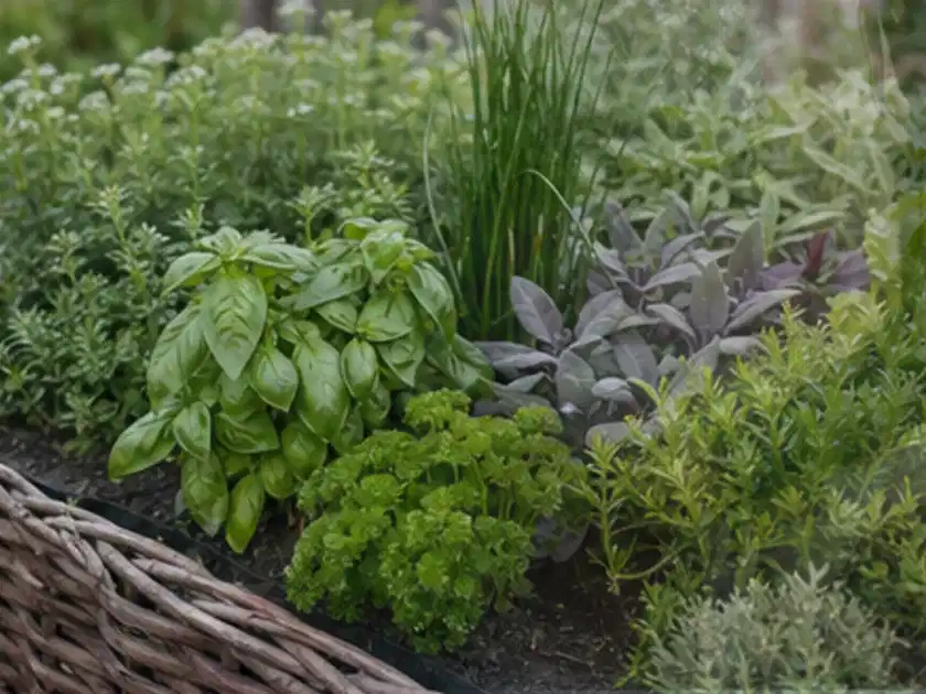 Dichtes Hochbeet mit Basilikum Schnittlauch Petersilie Salbei und weiteren Küchenkräutern; Thema Salat, Schwerpunkt Balkongarten; Titelbild.