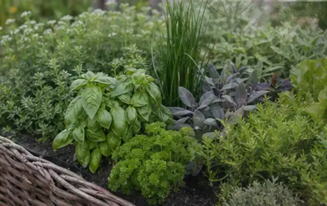Dichtes Hochbeet mit Basilikum Schnittlauch Petersilie Salbei und weiteren Küchenkräutern; Thema Salat, Schwerpunkt Ernte; Praxisalltag.