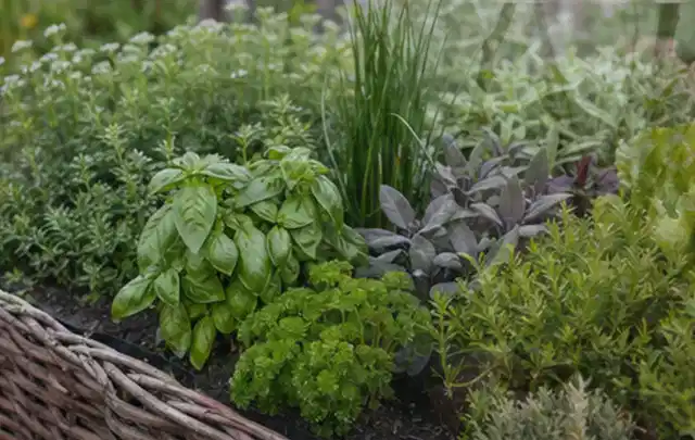 Dichtes Hochbeet mit Basilikum Schnittlauch Petersilie Salbei und weiteren Küchenkräutern; Thema Salat, Schwerpunkt Ernteprobleme; Ergebnis.