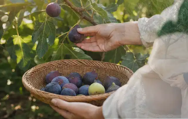 Hand pflückt eine reife Feige über einem flachen Korb mit Früchten; Thema Salat, Schwerpunkt Fehlerhilfe; Ausgangslage.