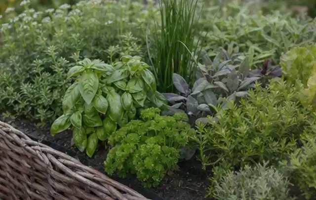Dichtes Hochbeet mit Basilikum Schnittlauch Petersilie Salbei und weiteren Küchenkräutern; Thema Salat, Schwerpunkt Fehlerhilfe; Umsetzung.