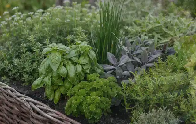 Dichtes Hochbeet mit Basilikum Schnittlauch Petersilie Salbei und weiteren Küchenkräutern; Thema Salat, Schwerpunkt Hochbeet; Praxisalltag.