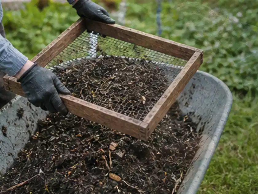 Behandschuhte Hände sieben reifen Kompost über einer Gartenschubkarre; Thema Salat, Schwerpunkt Lagerung; Titelbild.