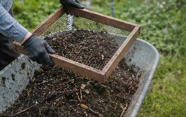Behandschuhte Hände sieben reifen Kompost über einer Gartenschubkarre; Thema Salat, Schwerpunkt Nährstoffe; Ausgangslage.