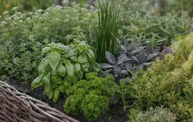 Dichtes Hochbeet mit Basilikum Schnittlauch Petersilie Salbei und weiteren Küchenkräutern; Thema Salat, Schwerpunkt Schnitt; Ausgangslage.