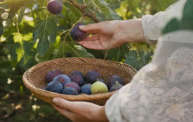 Hand pflückt eine reife Feige über einem flachen Korb mit Früchten; Thema Salbei, Schwerpunkt Einsteigerwissen; Kontrolle.