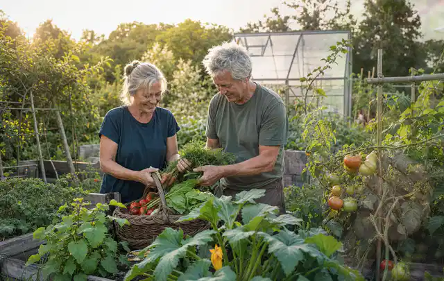 Zwei Personen ernten gemeinsam Gemüse in einem sonnigen Nutzgarten; Thema Salbei, Schwerpunkt Gesundheit; Kontrolle.