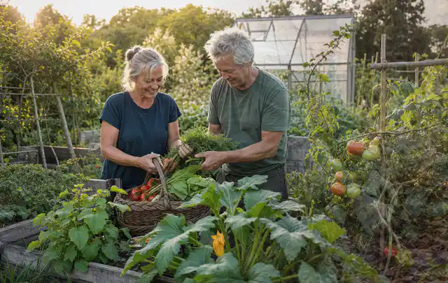 Zwei Personen ernten gemeinsam Gemüse in einem sonnigen Nutzgarten; Thema Salbei, Schwerpunkt Nährstoffe; Kontrolle.