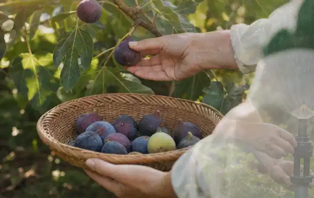 Hand pflückt eine reife Feige über einem flachen Korb mit Früchten; Thema Salbei, Schwerpunkt Standort; Praxisalltag.