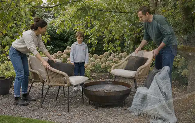 Familie stellt wetterfeste Sessel an einem geschützten Sitzplatz im Garten auf; Thema Salzwasserpools, Schwerpunkt Bestenliste; Ergebnis.