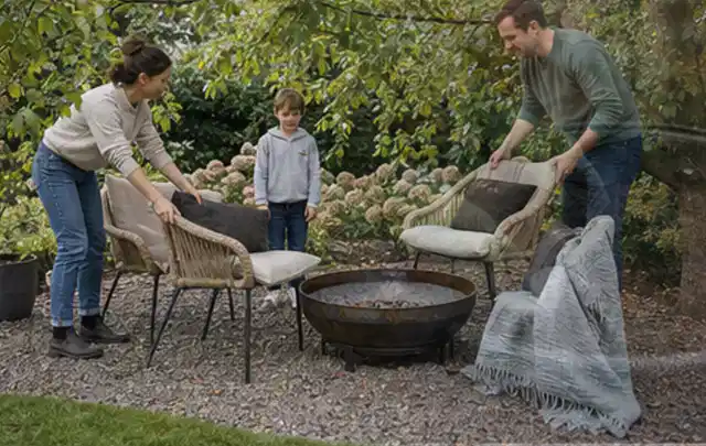 Familie stellt wetterfeste Sessel an einem geschützten Sitzplatz im Garten auf; Thema Salzwasserpools, Schwerpunkt Checkliste; Ausgangslage.