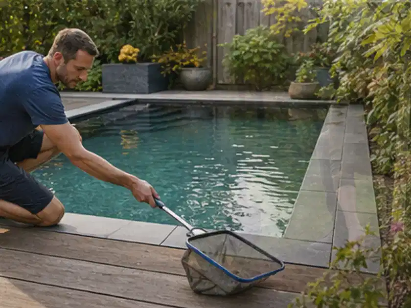 Person entfernt Blätter mit einem Kescher aus einem kleinen Gartenpool; Thema Salzwasserpools, Schwerpunkt Dimensionierung; Titelbild.
