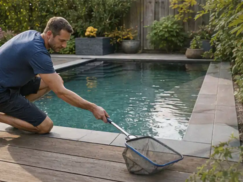 Person entfernt Blätter mit einem Kescher aus einem kleinen Gartenpool; Thema Salzwasserpools, Schwerpunkt Ersatzteile; Titelbild.