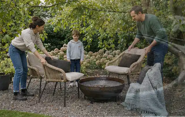 Familie stellt wetterfeste Sessel an einem geschützten Sitzplatz im Garten auf; Thema Salzwasserpools, Schwerpunkt Fehlerhilfe; Ergebnis.