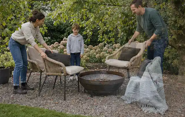 Familie stellt wetterfeste Sessel an einem geschützten Sitzplatz im Garten auf; Thema Salzwasserpools, Schwerpunkt Gärten mit kleiner Fläche; Praxisalltag.
