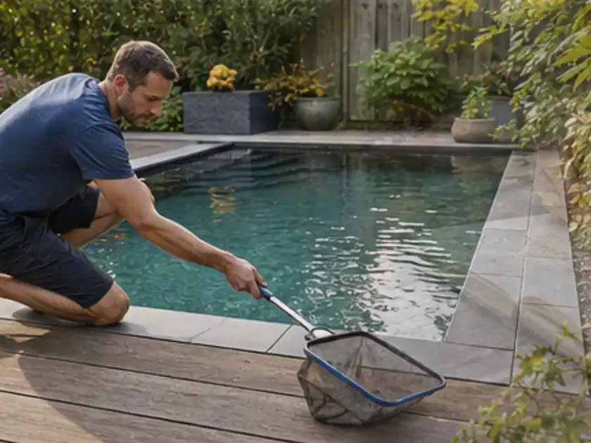 Person entfernt Blätter mit einem Kescher aus einem kleinen Gartenpool; Thema Salzwasserpools, Schwerpunkt Kaufberatung; Titelbild.