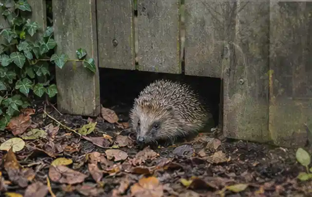 Igel nutzt einen bodennahen Durchgang unter einem hölzernen Gartenzaun; Thema Salzwasserpools, Schwerpunkt Kosten; Kontrolle.