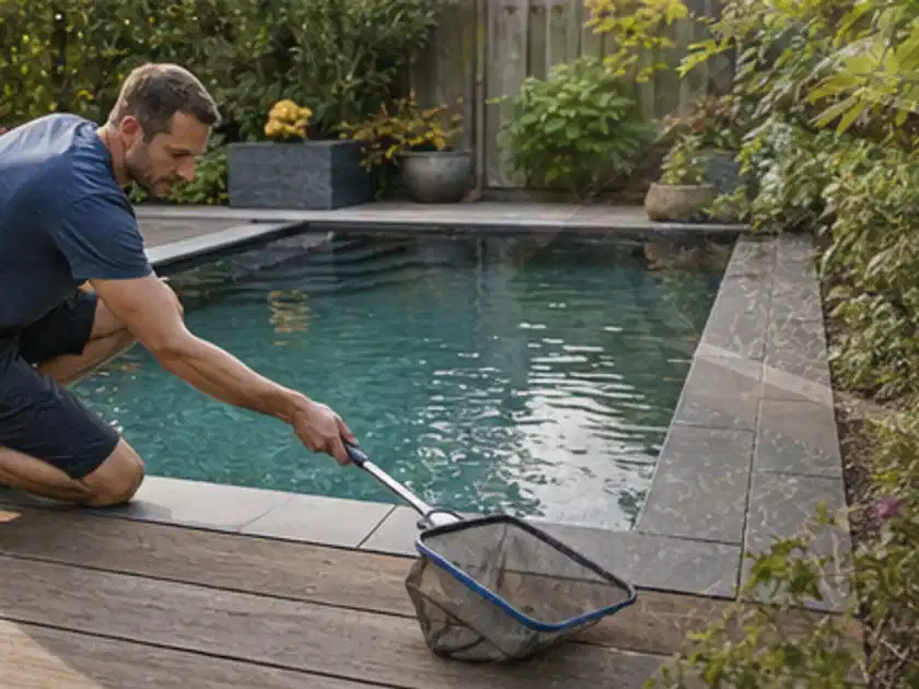 Person entfernt Blätter mit einem Kescher aus einem kleinen Gartenpool; Thema Salzwasserpools, Schwerpunkt Leistung; Titelbild.