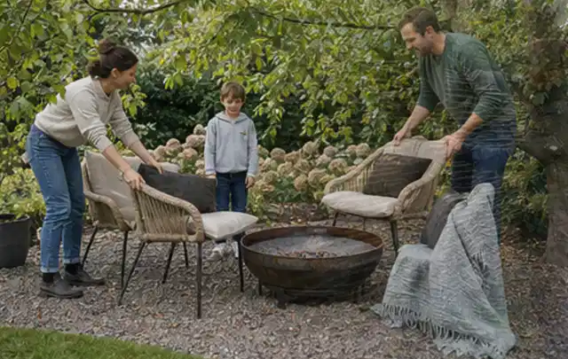 Familie stellt wetterfeste Sessel an einem geschützten Sitzplatz im Garten auf; Thema Salzwasserpools, Schwerpunkt Leistung; Umsetzung.