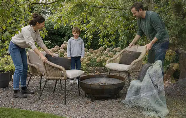 Familie stellt wetterfeste Sessel an einem geschützten Sitzplatz im Garten auf; Thema Salzwasserpools, Schwerpunkt Nachhaltigkeit; Ausgangslage.