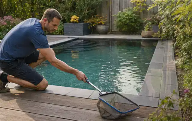 Person entfernt Blätter mit einem Kescher aus einem kleinen Gartenpool; Thema Salzwasserpools, Schwerpunkt Reinigung; Umsetzung.