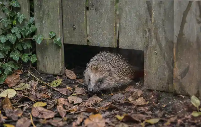 Igel nutzt einen bodennahen Durchgang unter einem hölzernen Gartenzaun; Thema Salzwasserpools, Schwerpunkt Reparatur; Umsetzung.