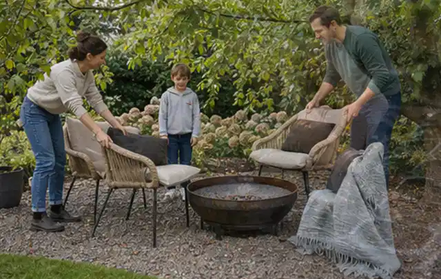 Familie stellt wetterfeste Sessel an einem geschützten Sitzplatz im Garten auf; Thema Salzwasserpools, Schwerpunkt Reparatur; Praxisalltag.