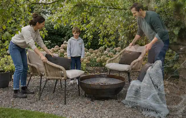 Familie stellt wetterfeste Sessel an einem geschützten Sitzplatz im Garten auf; Thema Salzwasserpools, Schwerpunkt Sicherheit; Kontrolle.