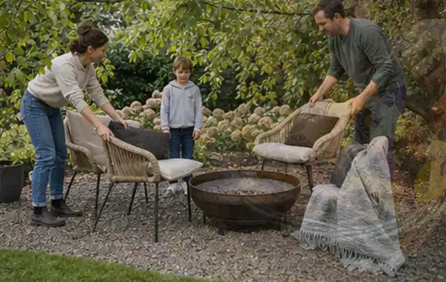 Familie stellt wetterfeste Sessel an einem geschützten Sitzplatz im Garten auf; Thema Salzwasserpools, Schwerpunkt Systemvergleich; Ergebnis.