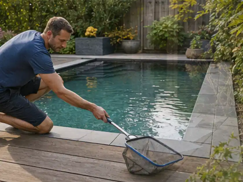 Person entfernt Blätter mit einem Kescher aus einem kleinen Gartenpool; Thema Salzwasserpools, Schwerpunkt Testkriterien; Titelbild.