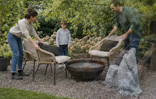 Familie stellt wetterfeste Sessel an einem geschützten Sitzplatz im Garten auf; Thema Salzwasserpools, Schwerpunkt Testkriterien; Umsetzung.